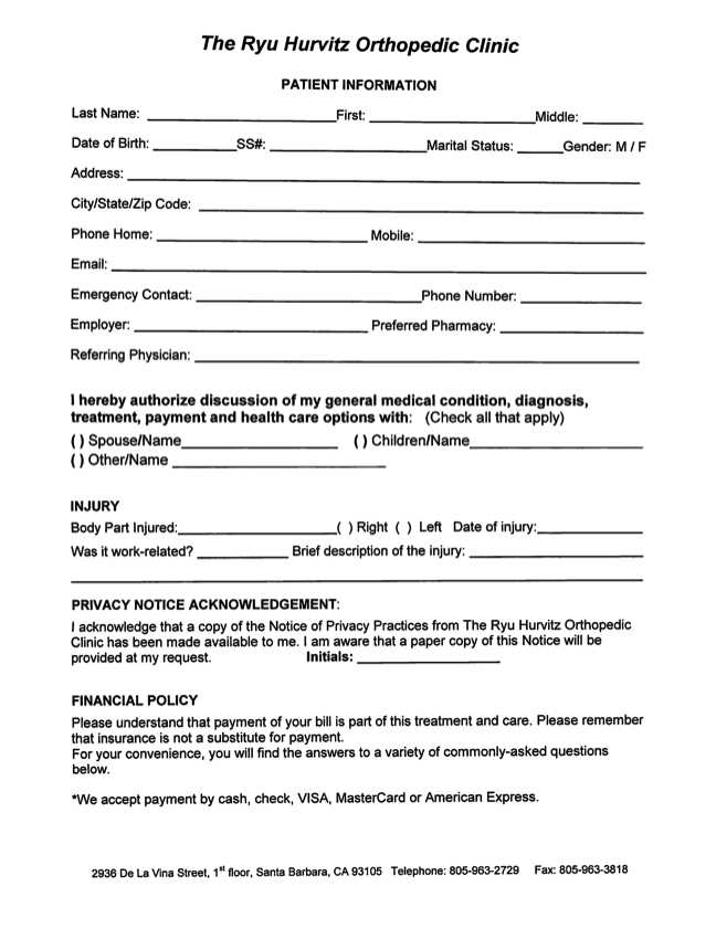 Patient Forms - Ryu Hurvitz Orthopedic Clinic